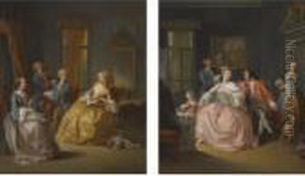 An Interior Scene With A Lady 
Having Her Hair Coiffured, Seatedbeside A Child And A Man, Two Maids 
Beyond Oil Painting by Pietro Longhi