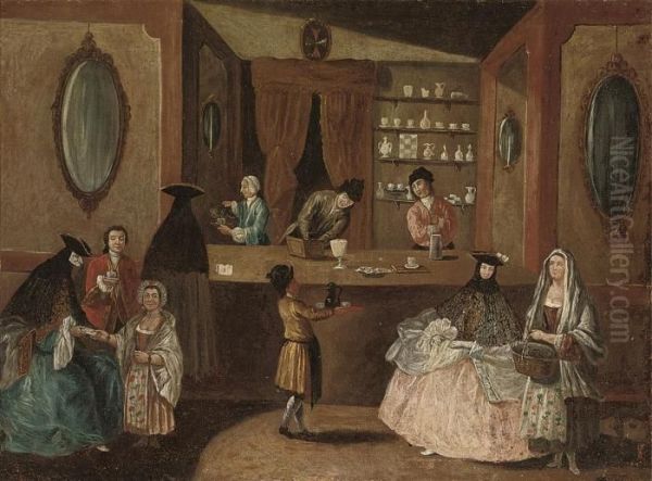 Figures In A Venetian Coffee House Oil Painting by Pietro Longhi