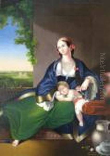 Mother And Child On A Terrace With A Garden Beyond Oil Painting by Pietro Longhi