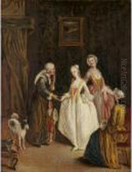 An Interior With An Elderly Lady And Her Child Receiving Charity From Three Young Ladies Oil Painting by Pietro Longhi