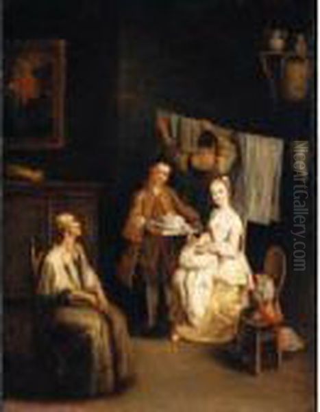 An Interior With A Boy-servant 
Bringing A Young Lady A Bonnet, An Elderly Lady Seated Nearby And A Maid
 Hanging Laundry Beyond (' Oil Painting by Pietro Longhi