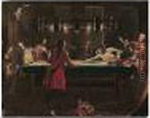 Elegant Figures Playing Billiards By Candle-light Oil Painting by Pietro Longhi