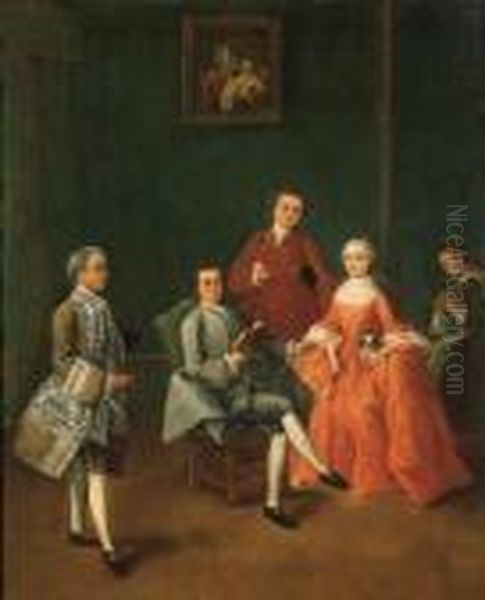 La Lettura: Tre Cavalieri In 
Abito Galante, Una Dama Con Cagnolinoe Una Domestica In Un Interno 
Veneziano Oil Painting by Pietro Longhi