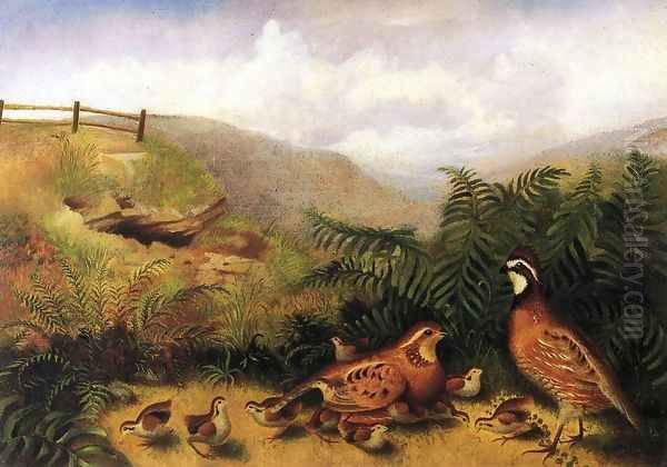 Landscape with Quail - Cock, Hen and Chickens Oil Painting by Rubens Peale