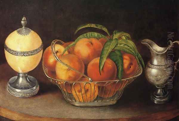 Basket of Peaches with Ostrich Egg and Cream Pitcher Oil Painting by Rubens Peale