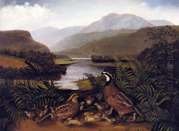 Partridges in a Landscape Oil Painting by Rubens Peale