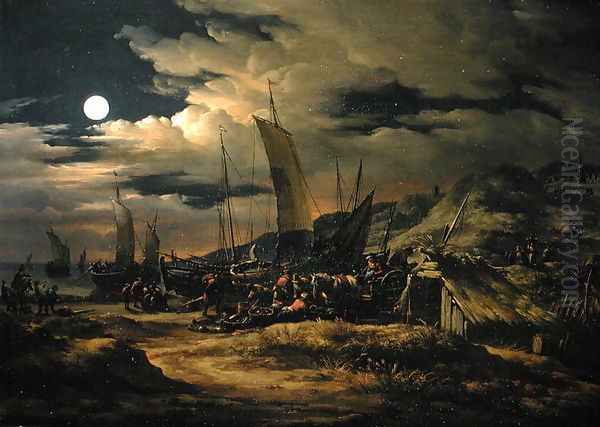 Seashore by moonlight with fishermen unloading their catch Oil Painting by Egbert van der Poel