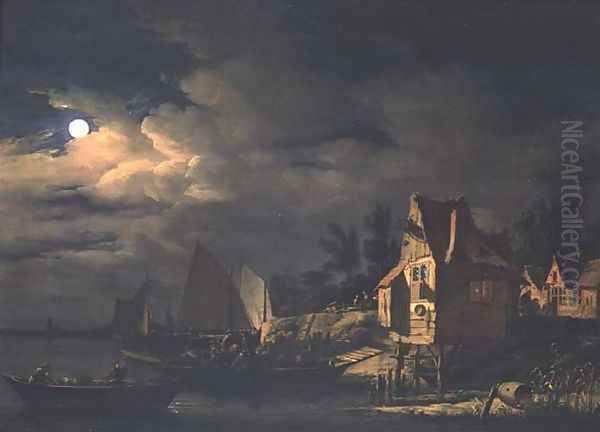 Moonlit River Landscape Oil Painting by Egbert van der Poel