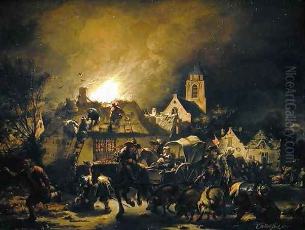 Fire in a village at night, 1655 Oil Painting by Egbert van der Poel