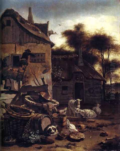 Barnyard Scene Oil Painting by Egbert van der Poel