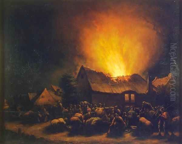 Fire in a Village Oil Painting by Egbert van der Poel