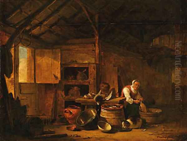 A woman plucking a duck in a barn Oil Painting by Egbert van der Poel