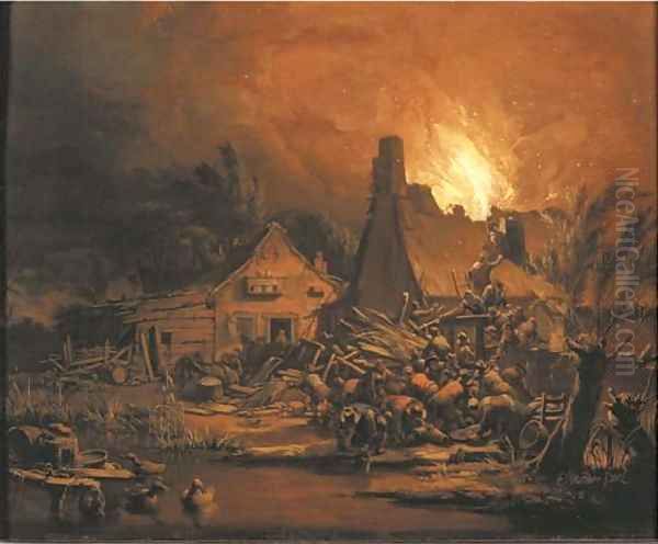 Villagers putting out a cottage fire at night Oil Painting by Egbert van der Poel