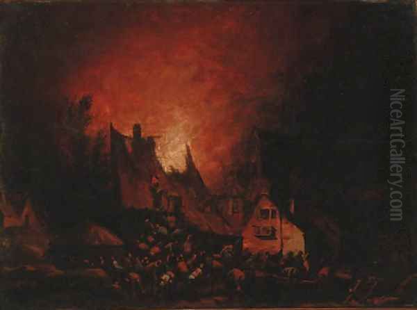 A village on fire Oil Painting by Egbert van der Poel