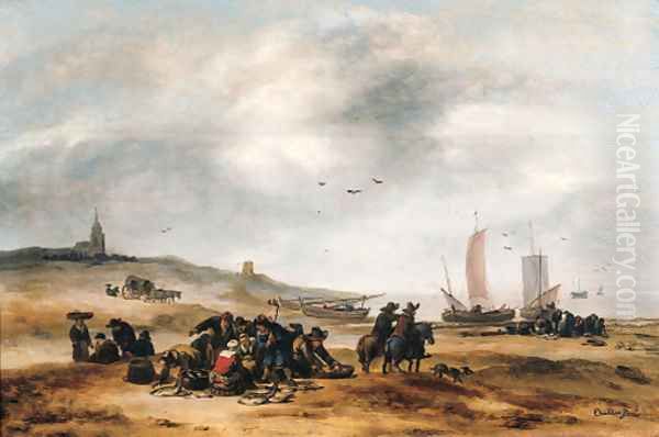 Fish displayed for sale on the beach Scheveningen Oil Painting by Egbert van der Poel