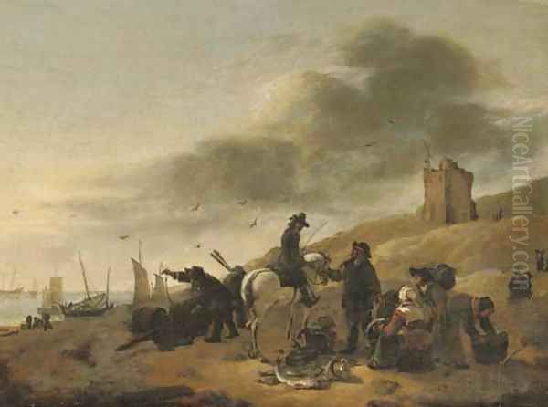 A horseman conversing with fisherfolk on a beach Oil Painting by Egbert van der Poel