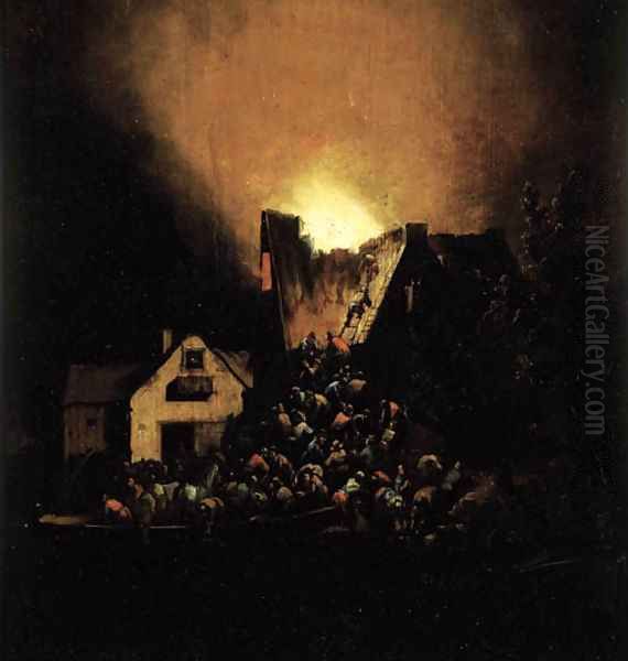 A house on fire at night with peasants coming to rescue Oil Painting by Egbert van der Poel