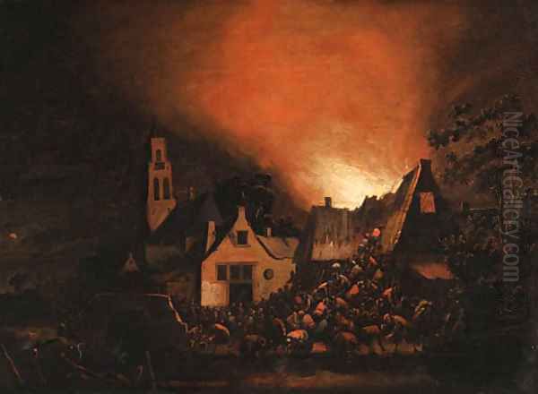 A Townhouse ablaze at Night with Peasants fighting a Fire Oil Painting by Egbert van der Poel