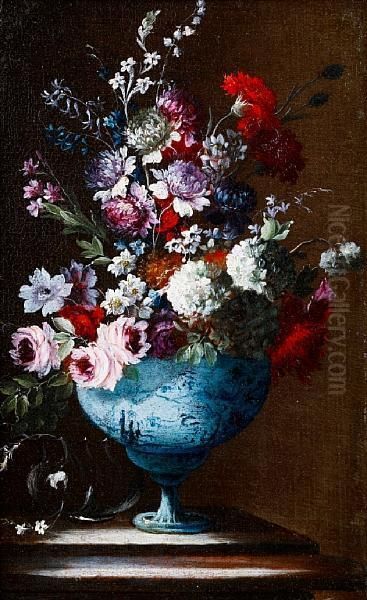 Roses, Carnations, Jasmine And 
Other Flowersin A Blue And White Porcelain Vase On A Stone Ledge; And 
Roses,peonies, Jasmine And Other Flowers In A Blue And White 
Porcelainvase On A Stone Ledge Oil Painting by Gasparo Lopez