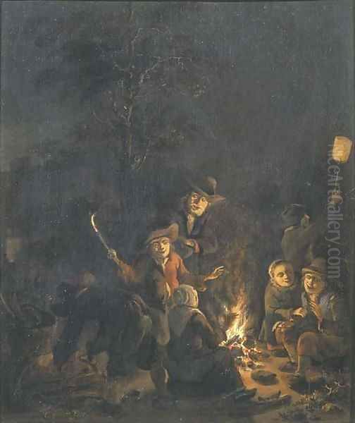 Boors gathered around a bonfire at night Oil Painting by Egbert van der Poel