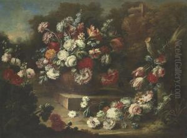 Roses, Tulips, Carnations And 
Other Flowers In An Urn, With Otherflowers Beside, In A Landscape Oil Painting by Gasparo Lopez