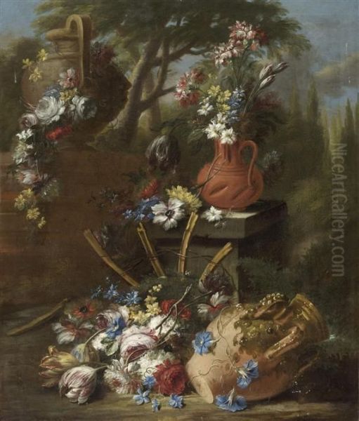 Arrangement Of Flowers With Terracotta Vase In A Mediterranean Landscape Oil Painting by Gasparo Lopez