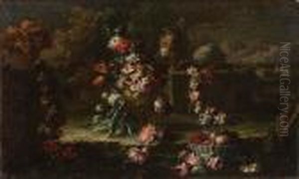 Vaso Con Fiori, Tralci Fioriti E
 Cestino Di Frutta In Un Giardino, Vasi Di Terracotta Su Una Balaustra E
 Paesaggio Sullo Sfondo Oil Painting by Gasparo Lopez