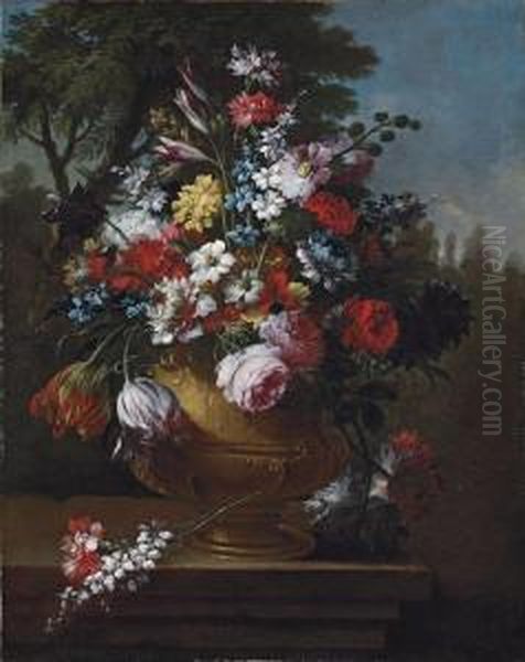 Roses, Tulips, Carnations, 
Chrysanthemums And Other Flowers In Aclassical Urn, On A Ledge Oil Painting by Gasparo Lopez