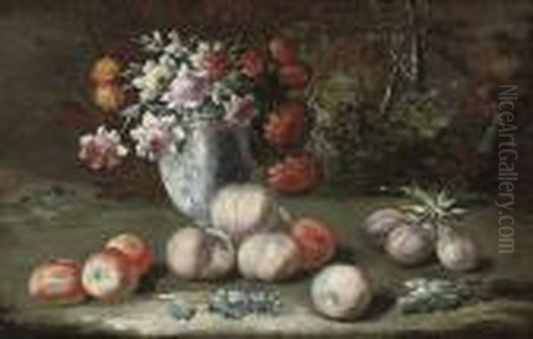 Chrysanthemums In A China Vase, With Apples, Peaches And Plums, Ina Landscape Oil Painting by Gasparo Lopez