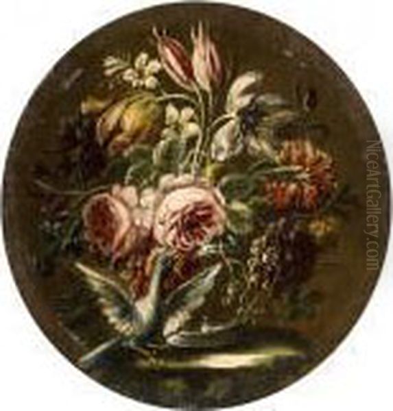 Rose, Tulipani, Garofani In Un 
Vaso Di Vetro Con Colombo; E Rose, Garofani E Campanule In Un Vaso Di 
Vetro Con Colombo Oil Painting by Gasparo Lopez