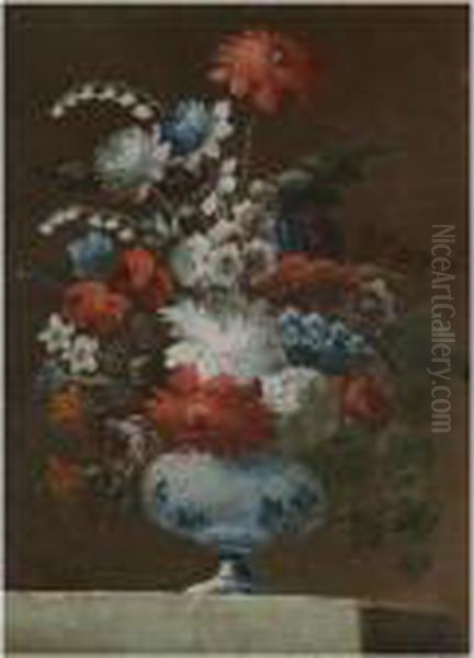 A Still Life Of Flowers In A Porcelain Vase Upon A Stoneledge Oil Painting by Gasparo Lopez