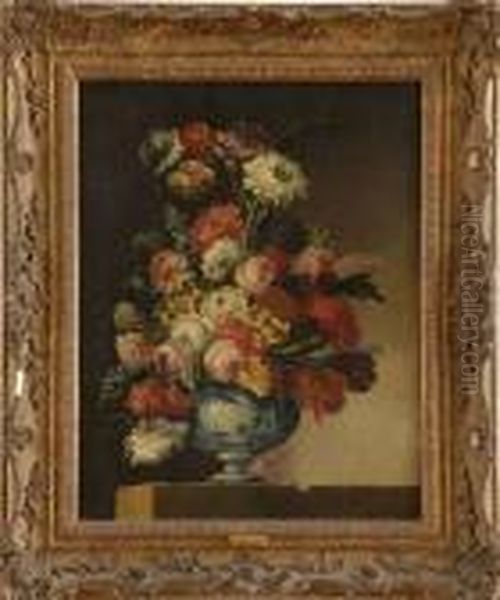 Manner Ofgasparo Lopez: Still Life With Flowers In A Delftvase Oil Painting by Gasparo Lopez