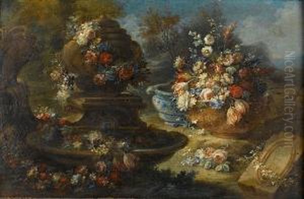 Chrysanthemums, Morning Glory, 
Roses And Otherflowers In A Bronze Urn Beside A Waterfall; And A 
Fountaindecorated With Garlands Of Flowers With Tulips, Roses And 
Otherflowers In A Large Dish Oil Painting by Gasparo Lopez