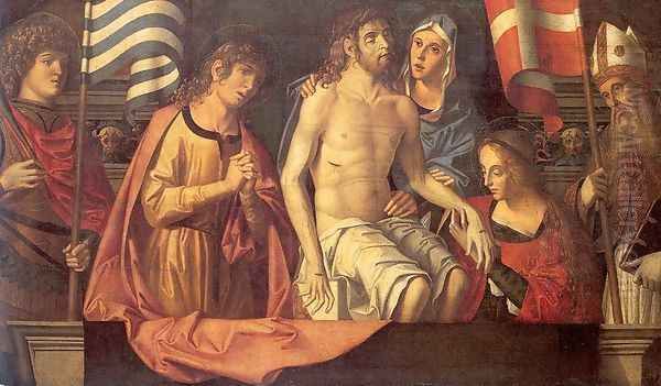 The Dead Christ in the Tomb with the Virgin Mary & Saints 1506 Oil Painting by Marco Palmezzano