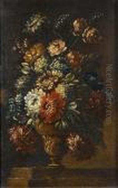 Chrysanthemums, Roses, Snowballs And Other Flowers In A Bronze Vase On A Stone Ledge Oil Painting by Gasparo Lopez