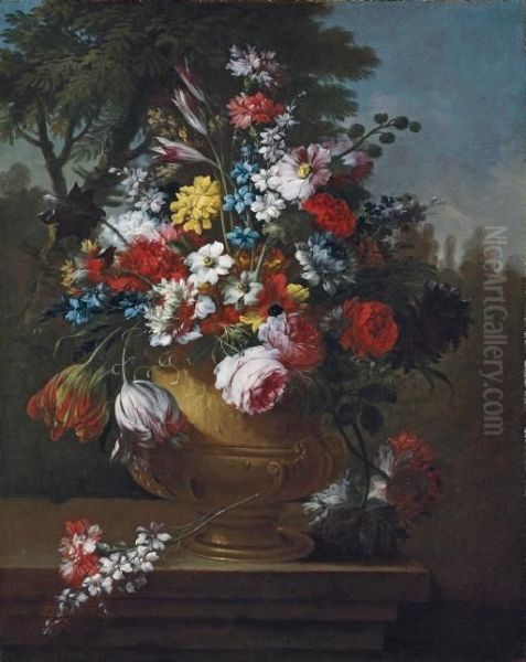 Roses, Tulips, Carnations, 
Chrysanthemums And Other Flowers In A Classical Urn, On A Ledge Oil Painting by Gasparo Lopez