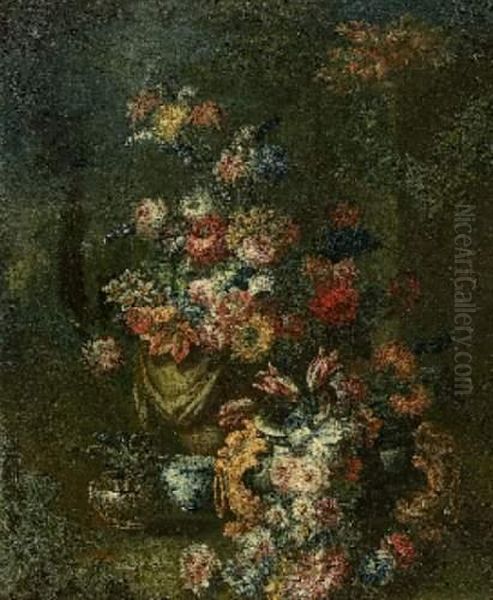 Bouquets De Fleurs Dans Des Vases En Pierre Et Bronze Oil Painting by Gasparo Lopez