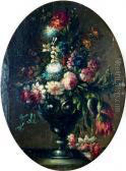 Tulips, Roses And Other Flowers In A Pewter Cup, On A Tabletop Oil Painting by Gasparo Lopez