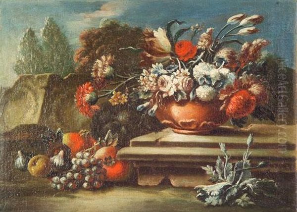 Lopez , Attr.a. Natura Morta En Plen Air Con Frutta E Vaso Di Fiori Oil Painting by Gasparo Lopez