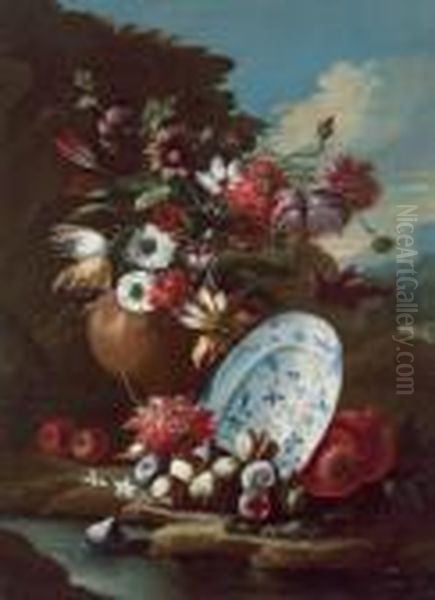 Natura Morta Di Un Vaso Di Fiori E Frutta Con Piatto In Paesaggio Oil Painting by Gasparo Lopez