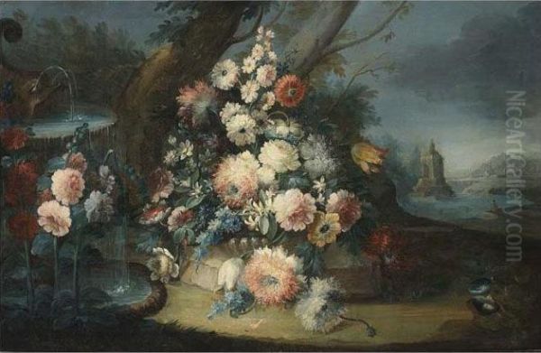 A Still Life Of Roses, Tulips, 
Larkspur, Anemones And Other Flowers, In A Landscape Near A Fountain, A 
River Landscape With A Fisherman Beyond;
 A Still Life Of Roses, Tulips, Larkspur And Other Flowers, Near A 
Classical Ornament With A Stone Vase, Oil Painting by Gasparo Lopez