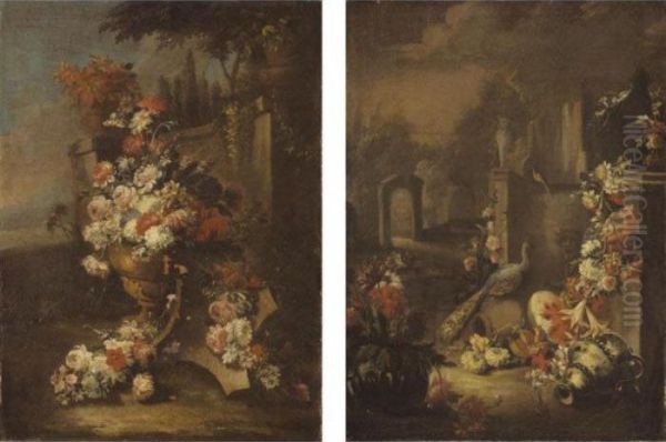 A Still Life With A Vase Of 
Flowers Together With Floral Garlands, A Watermelon, A Ewer, In A 
Parkland Setting Oil Painting by Gasparo Lopez