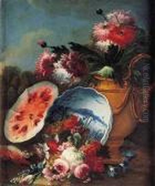 Bodegon: Jarron De Flores, Cuenco De Ceramica Y Sandia En Un Paisaje Oil Painting by Gasparo Lopez