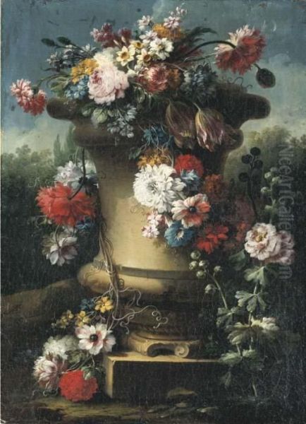 Narcissi, Tulips, Chrysanthemums, Roses And Other Flowers In Astone Urn With Hollyhocks Oil Painting by Gasparo Lopez