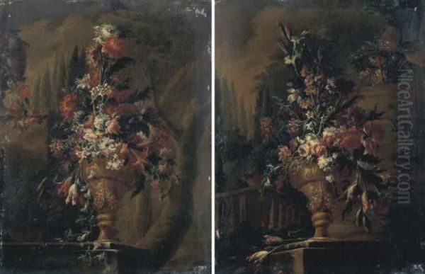 Fiori In Un Vaso Di Ottone, Su 
Un Piano Di Pietra Presso Una Balaustra, In Un Giardino, Con Cipressi In
 Lontananza; E Fiori In Un Vaso Di Ottone, Su Un Piano Di Pietra Presso 
Un Tronco D'albero, Con Cipressi In Lontananza Oil Painting by Gasparo Lopez