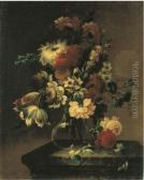 Rose, Campanule, Narcisi, 
Garofani E Altri Fiori In Un Vaso Di Vetro Su Un Piano Di Pietra Oil Painting by Gasparo Lopez