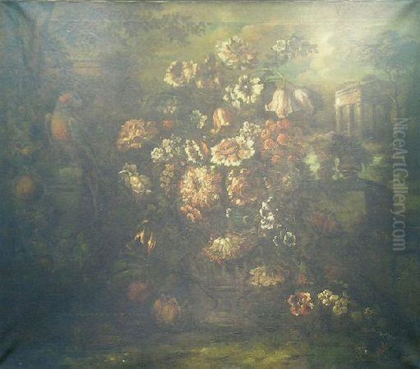 Floral Still Life With Parrot Amidst Ruins Oil Painting by Gasparo Lopez