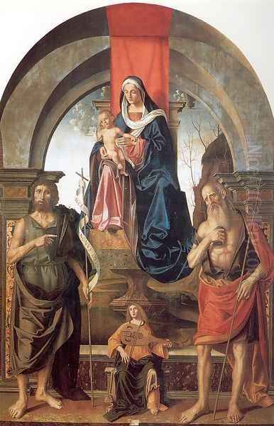 Virgin and Child Enthroned between Saints John the Baptist and Jerome 1510 Oil Painting by Marco Palmezzano