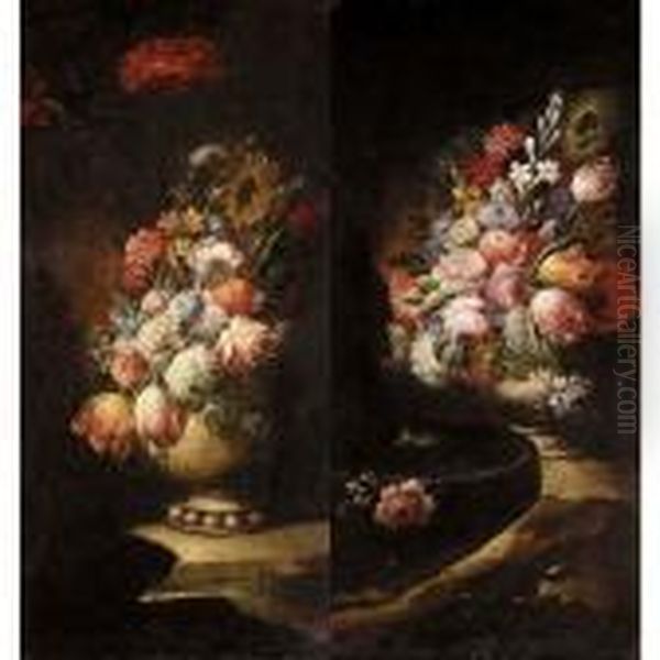 Still Lifes Of Various Flowers In Vases Resting On Flat Stones Oil Painting by Gasparo Lopez