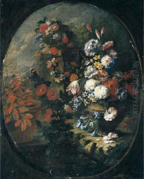 Still Life Of Mixed Flowers In A Classical Garden Setting Oil Painting by Gasparo Lopez